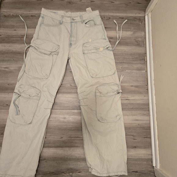 Y2K Zara Men's Cargo Pants Trouser, Skateboard Baggy Wide Leg Lt. Blue Gray Pant - Picture 2 of 9